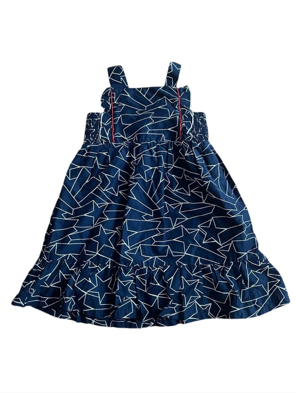 Fourth Of July Dress White Star Outline 2T Red Piping Ruffle Smocked Back Girls